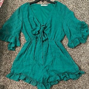 Francesca's Collections Green Bell Sleeve Tie Front Jumpsuit